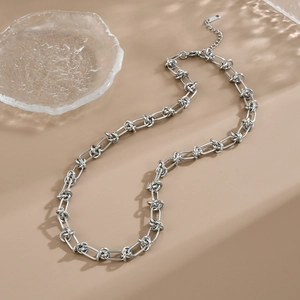 Unisex silver titanium steel knot chain necklace with industrial U-link design