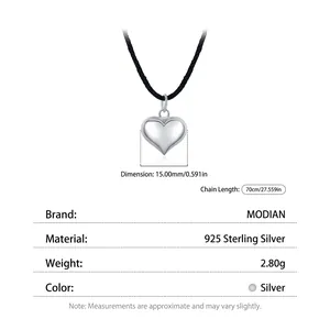 Minimalist S925 sterling silver heart pendant with 70cm black cord necklace