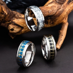 Vintage titanium steel cross rings for men with blue and silver glitter inlay
