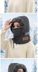 Detail of warm winter trapper hat with gray faux fur lining and windproof face mask