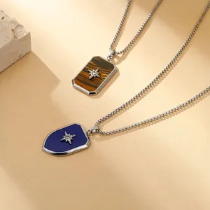 Stainless Steel Pendant Necklace Rectangular Shield Shape Vintage Hip Hop Star Tiger Eye Shell Inlay Accessory For Men