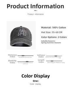 Detailed size chart and material specs for the washed cotton embroidered DAD baseball cap