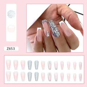 White French coffin press-on nails with silver glitter, rhinestones, and pearls set Z653