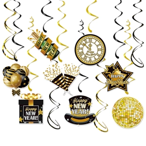 Festive black and gold Happy New Year hanging swirl decorations for party ceiling display