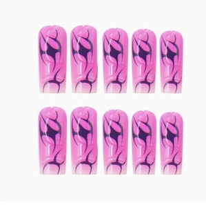 Pink gradient press-on nails with black flame patterns 10pcs set in square oval shape