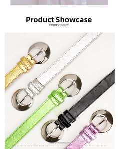 Detail shot of multi-color skinny waist belts with silver buckles in five stylish finishes