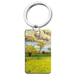 Vintage oil painting landscape square stainless steel keychain with scenery pendant
