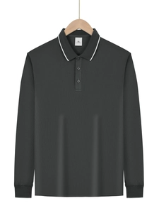 Detail of the dark gray long-sleeved polo shirt collar with breathable mesh texture
