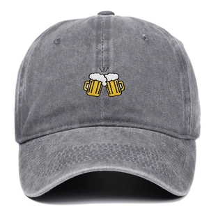 Distressed dark gray washed cotton baseball cap with embroidered beer glasses pattern