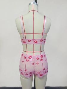 Rückansicht eines rosa Spitzen-Lingerie-Sets mit roten Lippenstiften und Trägern