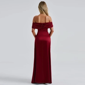 Elegant off-shoulder burgundy satin evening dress with floor-length split and back details