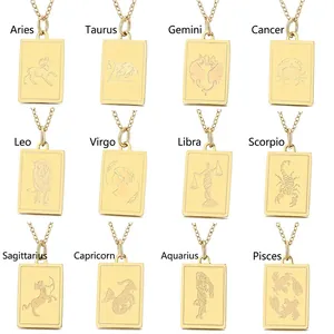Collana Pendente Quadrato Segni Zodiacali Acciaio Inossidabile Placcato Oro 18K Vintage Sbalzo Moda Unisex