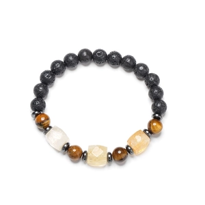 Macro detail of natural tiger eye, volcanic lava, and faceted crystal beaded bracelet