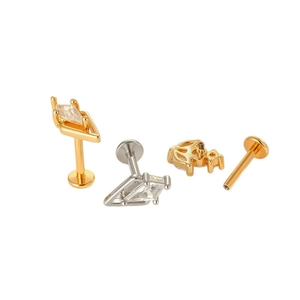 Fashionable titanium heart labret stud set with gold and silver cubic zirconia plating
