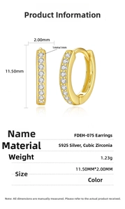 Detail view of S925 silver hoop earrings with cubic zirconia showing 11.5mm dimensions