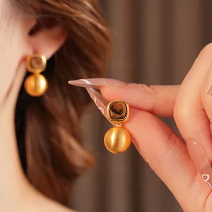 French vintage brown leopard print round earrings with matte gold spherical pendant