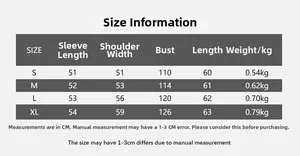 Detailed size chart for faux leather jacket including bust, length and sleeve measurements