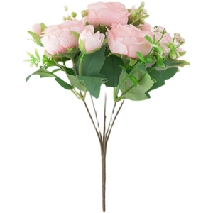 Bouquet de pivoines artificielles roses à cinq têtes avec feuilles vertes pour décoration