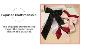 Close-up of elegant solid color satin bow hair clips with long ribbons in four colors