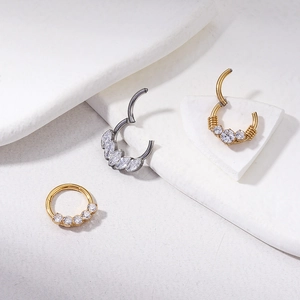 Detailed view of G23 titanium clicker rings with marquise and round zircon inlays