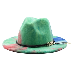 Rainbow tie-dye wool fedora hat with flat brim and decorative gold chain strap