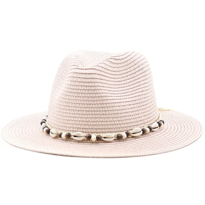 Pink bohemian straw fedora hat with ethnic shell and bead band for sun protection