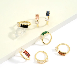 Adjustable gold rings with multi-color rectangular zircon stones in a row design