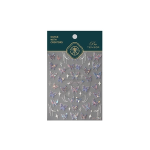 Iridescent butterfly nail art stickers with holographic stars on professional packaging