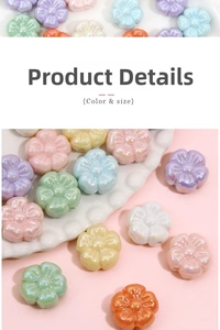 Macro detail of 19mm acrylic flower beads in pastel colors with pearl luster finish