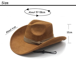 Detailed size chart for brown faux suede western cowboy hat with brim and crown measurements