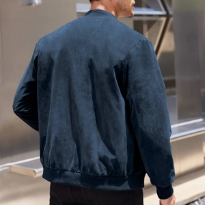 Detail view of the premium navy blue suede jacket with ribbed hem and cuffs back shot