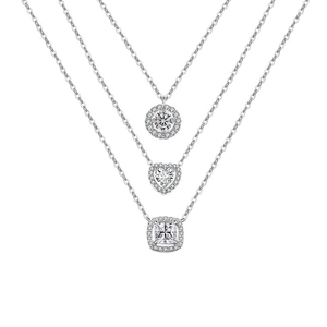 Elegant S925 silver necklace set featuring heart, round, and square pavé cubic zirconia pendants