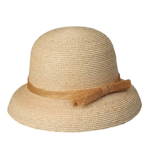 Elegant Raffia straw cloche hat with dark brown ribbon for women's sun protection