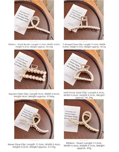 Detailed size and weight guide for diverse geometric pearl gold hair claw clips
