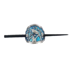 Vintage Cloisonne Hairpin with blue enamel bird and branch on black wooden stick