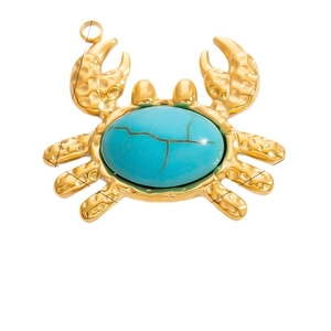 Golden crab pendant with turquoise stone inlay and hammered metal texture for DIY jewelry