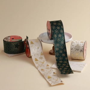 Christmas Velvet Ribbon Wired Edge Gold Foil Snowflake Star Tree For Gift Wrapping Tree Decor DIY Bows