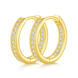 Detailed view of gold plated 925 silver hoop earrings featuring small sparkling moissanite stones