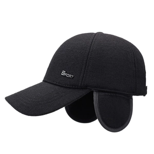 Winter men's black wool baseball cap with ear flaps and silver SPORT metal accent
