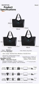 Size chart showing dimensions and capacity for small, medium, and large travel duffel bags