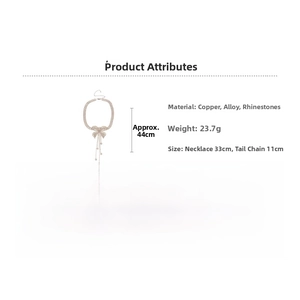 Detail view of rhinestone butterfly tassel necklace with dimensions and material specs