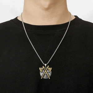 Viking double ax pendant necklace for men in silver and gold stainless steel