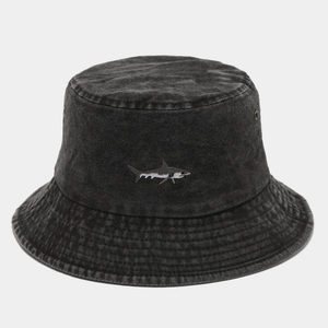 Close-up of shark embroidery on dark gray washed denim bucket hat with metal eyelets