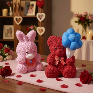 Romantic display of PE foam rose bear and rabbit with balloons and warm candlelight decor