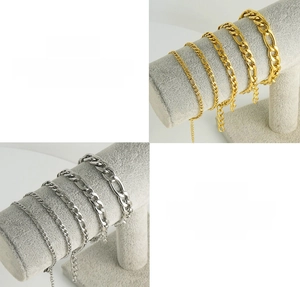 Polished stainless steel Figaro and NK chain bracelets in gold and silver finishes