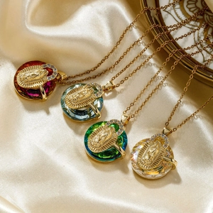 Exquisite gold-plated Our Lady of Guadalupe medallion necklace with colorful crystal border