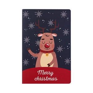 3D Merry Christmas greeting card with cartoon reindeer and snowflakes in red and blue