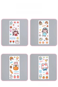 Detail of four waterproof PVC rabbit stickers featuring cute girl and fruit patterns