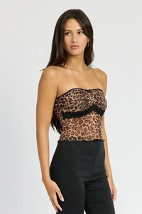 Detailed view of leopard print tube top with black lace trim and sheer mesh fabric texture