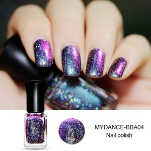 Detailansicht von Chamäleon-Nagellack in tiefem Lila und Blau mit Glitzereffekt